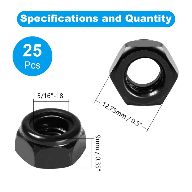 Yinpecly 25Pcs 5/16"-18 Nylon Insert Hex Lock Nuts 304 Stainless Steel Locknuts Self-Locking Nut, Standard Inch Threaded Nylock Nuts, Hex Drive, Zinc Plated Black - Image 2